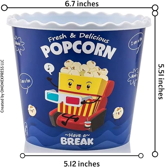 ONONEXPRESS Modern Style Reusable Plastic Popcorn Box/Popcorn Containers/Popcorn Bowls Set for Movie Theater Night - (BPA Free - 6 Pack-75 oz) (6, BLUE)