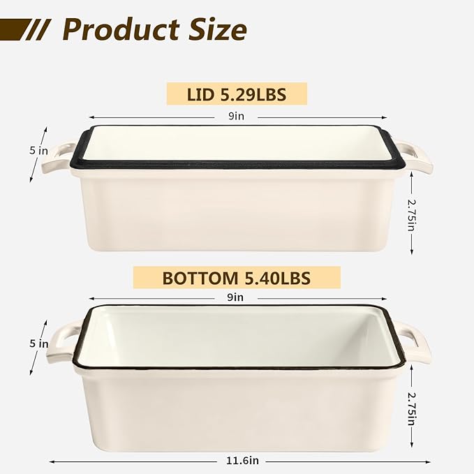 Wildone 2 in 1 Enameled Cast Iron Bread Pan with Lid, 9x5 Loaf Pans for Homemade Sourdough Bread, Cake, Meatloaf, Even Heating Bread Dutch Oven, Cream White