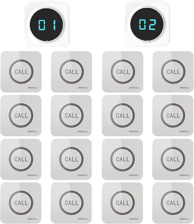 SINGCALL Restaurant Pager System Waiter Calling System Pagers and Beepers for Kitchen,Fast Food,Hotel,Restaurants,Cafe,Bar to Call Waiters 16 Waterproof Wireless Call Buttons 2 Number Display Receiver