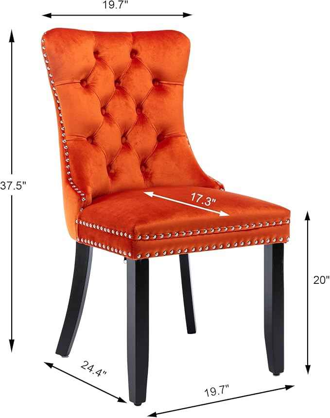 Velvet Dining Chairs Set of 2, Upholstered Dining Room Chairs with Back Ring Pull Trim and Solid Wood Legs,Tufted Wingback Kitchen Chair Perfect for Dining Room,Living Room,Kitchen(Orange)