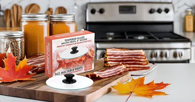 Northwest Enterprises Bacon Press, Round Tempered Glass Bacon Press and Splatter Shield, Perfectly Cooked Flat Bacon Every time! (10 Inch)