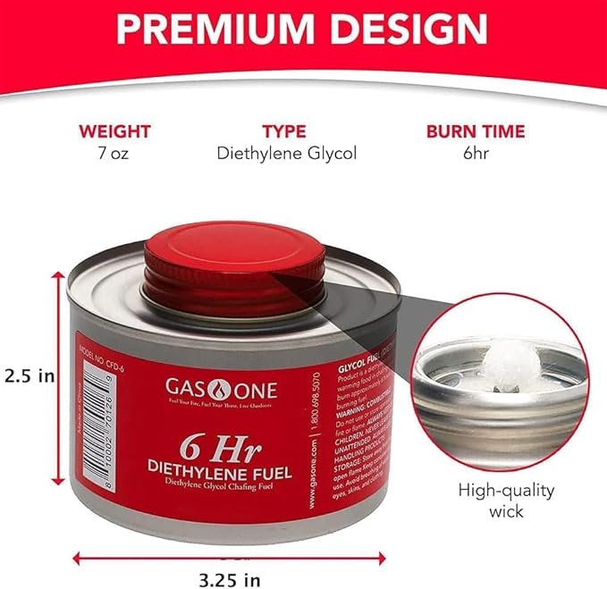 Gas One 3 Pack 6 Hour Chafing Fuel - Food Warmer for Chafing Dish Buffet Set - Reusable Liquid Safe Fuel With Wick & Lid Opener