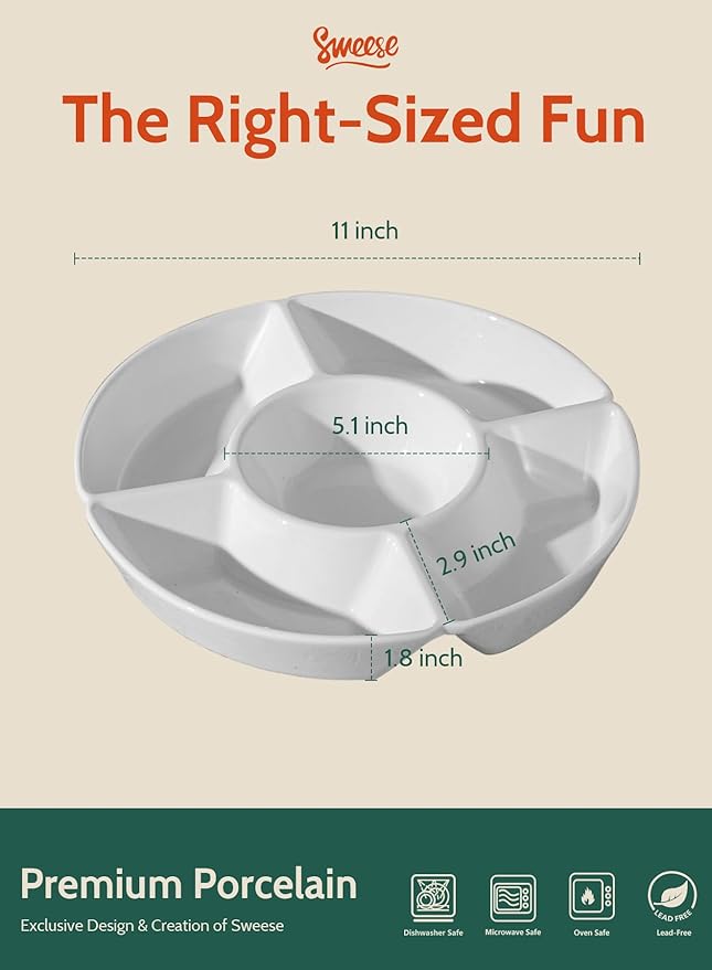 Sweese Porcelain Chip & Dip Serving Set - Divided Platter with 5 Compartments, Relish Tray for Snacks, Veggies, Candy - Durable, Microwave & Dishwasher Friendly - Elegant White Design for Parties