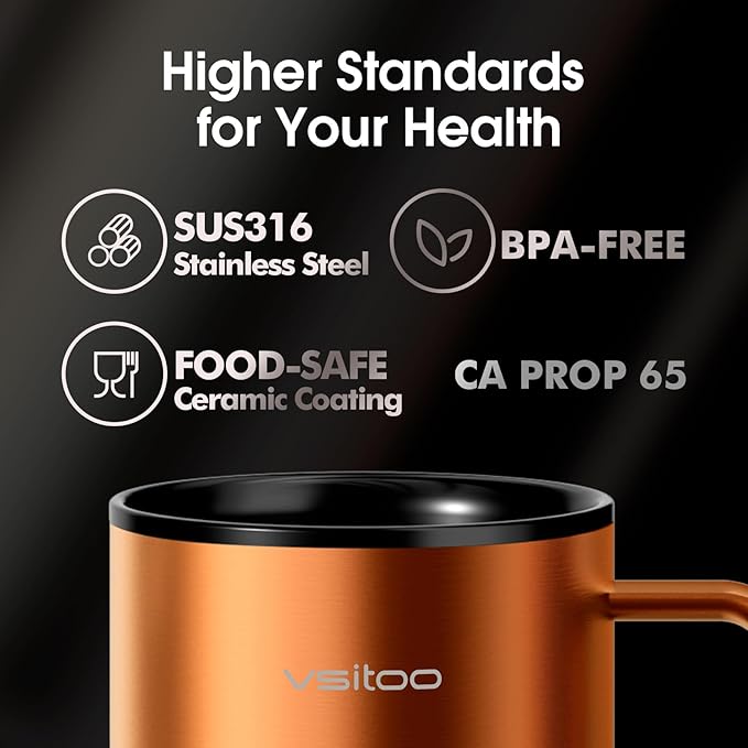 Vsitoo S3 Plus 14oz Heated Coffee Mug - Temperature Control Smart Mug with Mug Warmer, Auto-Sensing AI Heats Drinks to 120-150°F Hands-Free.Ideal for Home/Office/Gifts，Copper