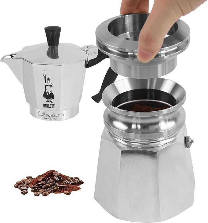 Coffee Tamper for 4 Cups to 6 Cups Moka Pot, 304 Stainless Steel Espresso Dosing Funnel Set, Coffee Distributor Leveler Compatible with Italian Espresso Stovetop Moka Pot, Silver