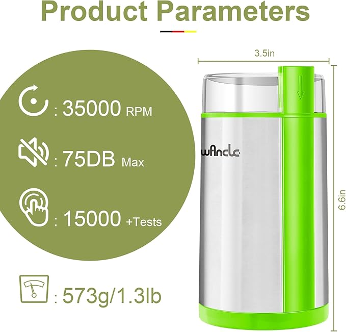 Coffee Grinder, Wancle Electric Coffee Grinder, Quiet Spice Grinder, One Touch Coffee Mill for Beans, Spices and More, with Clean Brush (Green+Stainless Steel+Green)