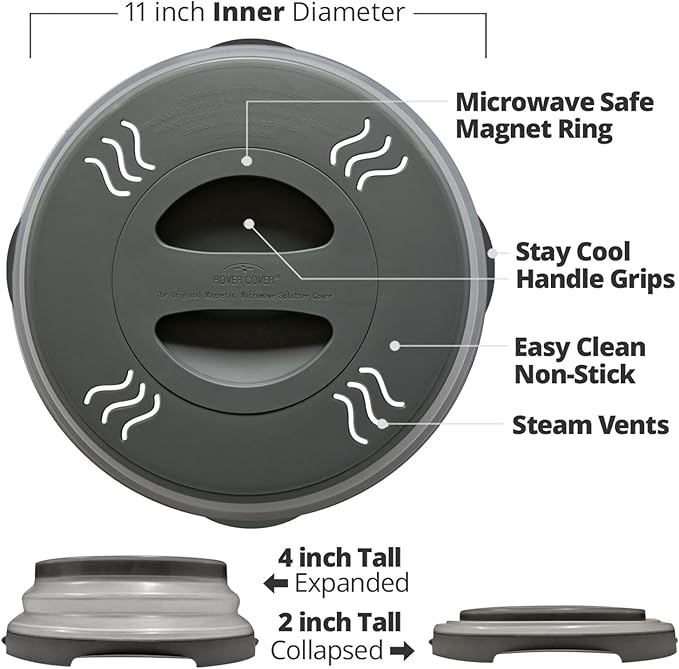 HOVER COVER 2 PACK Magnetic Microwave Splatter Cover with High Power, Strongest Magnetic Grip, Collapsible 12-Inch BPA-Free Food Lid, Vented Plate Guard, Dishwasher Safe, Space-Saving Storage - Gray
