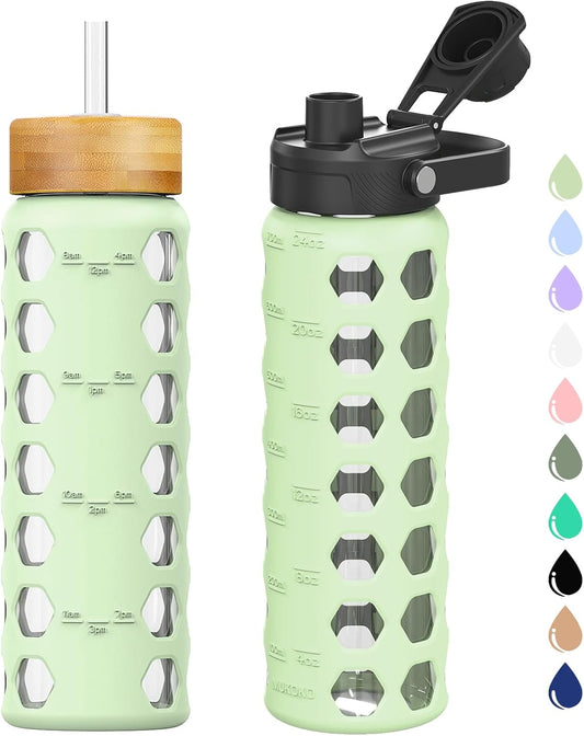 MUKOKO Glass Water Bottles,24oz Glass Tumbler with Straw,Drinking Bottles with 2 Lids-Handle Spout Lid&Bamboo Straw Lid,Motivational Water Bottle with Time Marker and Silicone Sleeve,1 Pack-Mustard