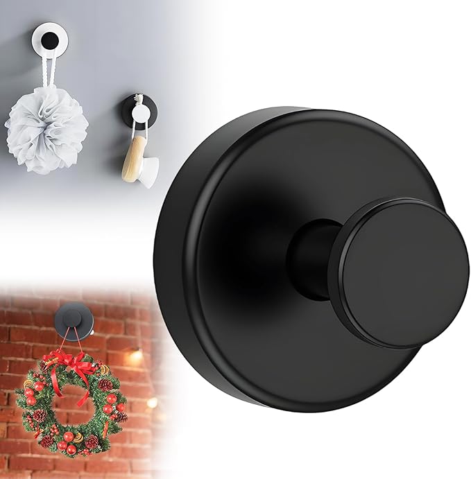 Suction Cup Hooks for Wreaths on Glass, 2025 New No Drill Suction Cup Hooks for Shower, Wreath Hanger Holder for Front Door, Upgraded Towel Hooks for Window Bathroom Mirrors (1, Black)