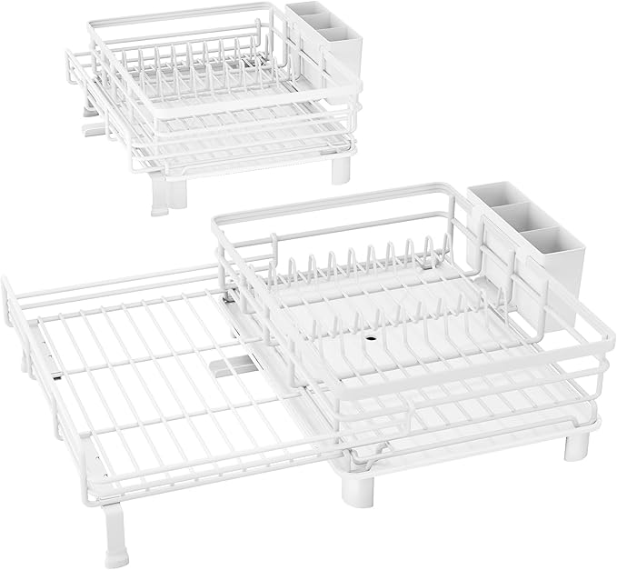 SNTD Dish Drying Rack - Extendable Dish Rack, Large Sink Drying Dish Drainer for Kitchen Counter, Stainless Steel Dish Strainer with Utensil Holder (White)