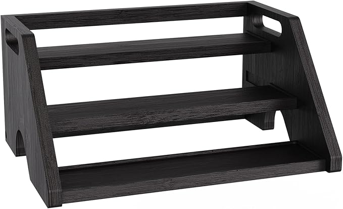 Bamboo Spice Rack Organizer -3-Tier Spice Rack for Countertop,Cabinet Spice Rack Organizer for 18 Spice Jars(4oz)，Step Shelf(black)