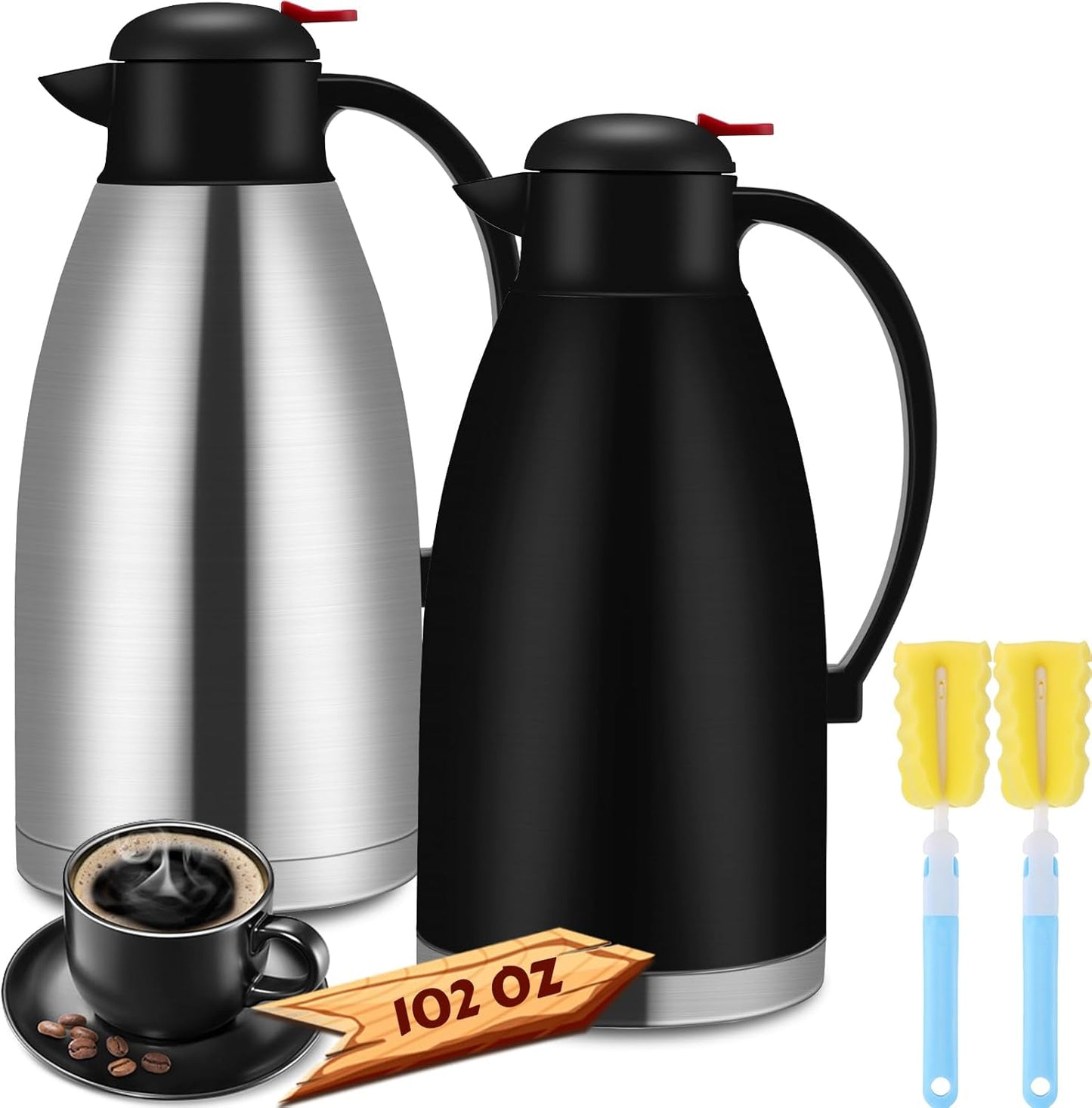 Nuogo 2 Pcs 102 oz Thermal Coffee Carafe Insulated Stainless Steel Carafe Double Walled Vacuum Coffee Thermal Pot with Brush for Home Office Use Keep 24 Hours Hot Water Tea(Silver, Black)