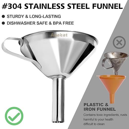 Anaeat Stainless Steel Kitchen Funnel, Multi-Use Premium Metal Food Grade Cooking Funnels with 2 Removable Strainer Filter for Transferring Liquid or Dry ingredients, Oils & 1 Pc Cleaning Brush (4.1")
