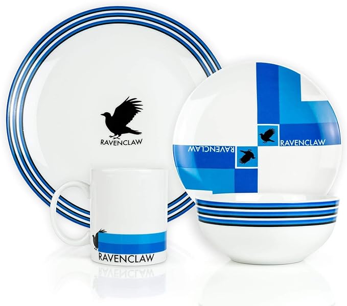 Harry Potter Ravenclaw 16 Piece Porcelain Dinnerware Set for 4 - Includes 4 Dinner Plates, 4 Salad Plates, 4 Bowls and 4 Mugs