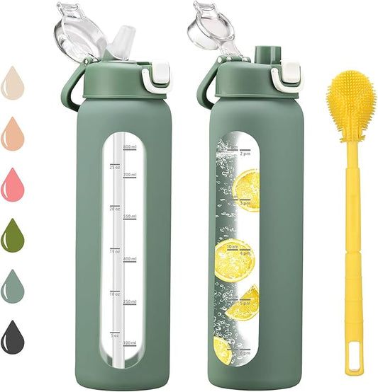 chunmo 24 oz Glass Water Bottle with 2 Lids-Handle Spout Lid & Straw Lid, Motivational Water Bottle with Time Marker and Silicone Sleeve,Leakproof-Olive-1 Pack