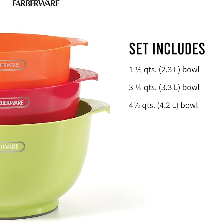 Farberware - 5216128 Farberware Professional Plastic Mixing Bowls, Set of 3, Orange/Red/LightGreen