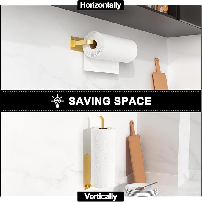 Paper Towel Holder - Self-Adhesive or Drilling, Gold, Upgraded Aluminum Kitchen Roll Dispenser Under Cabinet, Lighter but Stronger Than Stainless Steel!
