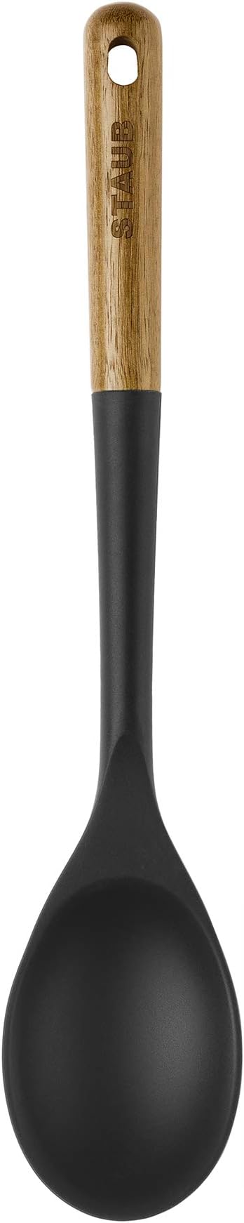 STAUB Serving Spoon, Great for Scooping Sides and Serving Hearty Stews, Durable BPA-Free Matte Black Silicone, Acacia Wood Handles, Safe for Nonstick Cooking Surfaces