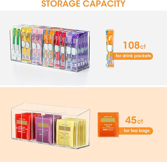 AIEVE Drink Packet Organizer, Mountable Water Packet Organization Holder with Adhesive & Magnetic Sticker, Pantry Organizers Kitchen Storage for Countertop Table Fridge Cabinet