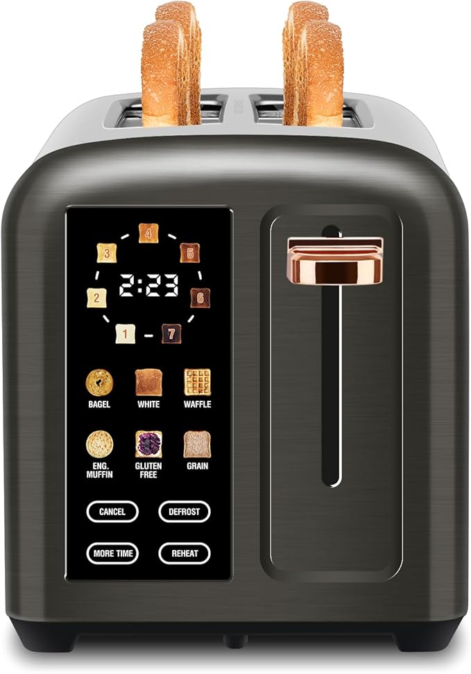 SEEDEEM Toaster 2 Slice with Touch Screen, Faster Heating Speed, 7 Shade Setting, 6 Bread Type, 1.5”Wide Slots Toaster, Removable Crumb Tray, 1350W, Dark Metallic