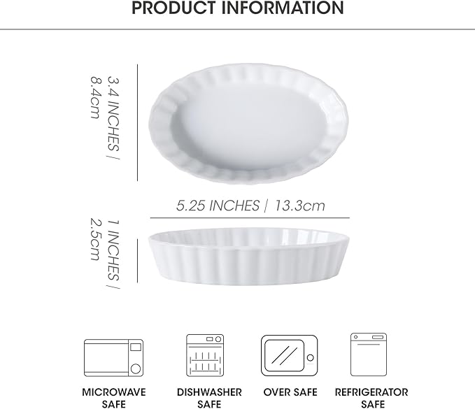 Creme Brulee Ramekins, 6 Pcs Oval Ceramic Baking Dishes 4 OZ, 5.2 Inch Oven Safe Baking Dishes for Souffle, Dessert, Baked Gratins, Prep Bowls for Ingredients, Dipping Sauces - Dishwasher Safe & Stackable