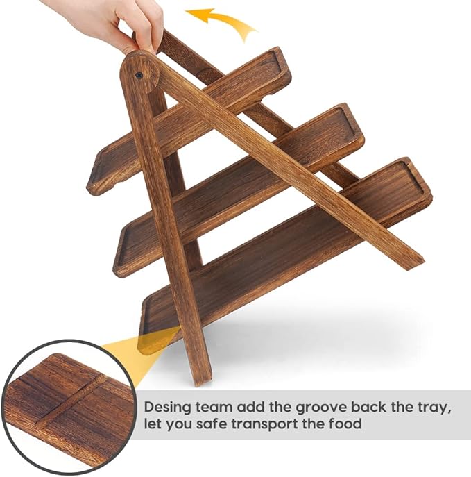 Manspdier Wood 3 Tier Serving Tray Three Tiered Cupcake Stand, Rectangle Serving Platter Wooden Farmhouse Tiered Tray, Party Serving Brown Decorative Tray Decor