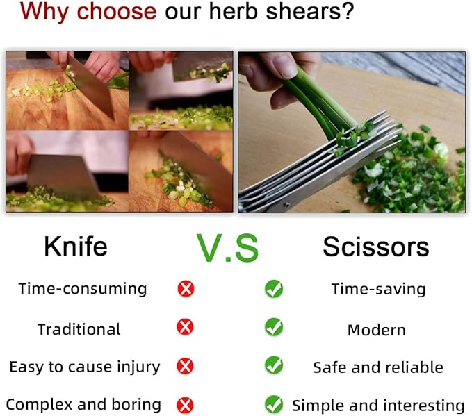 5 Blade Herb Scissors Kitchen Herb Shears Cutter Multipurpose Cutting Shear with 5 Stainless Steel Blades & Safety Cover & Cleaning Comb Salad Sizzors Cilantro Chive Parsley Onion Scissors (Black Red)