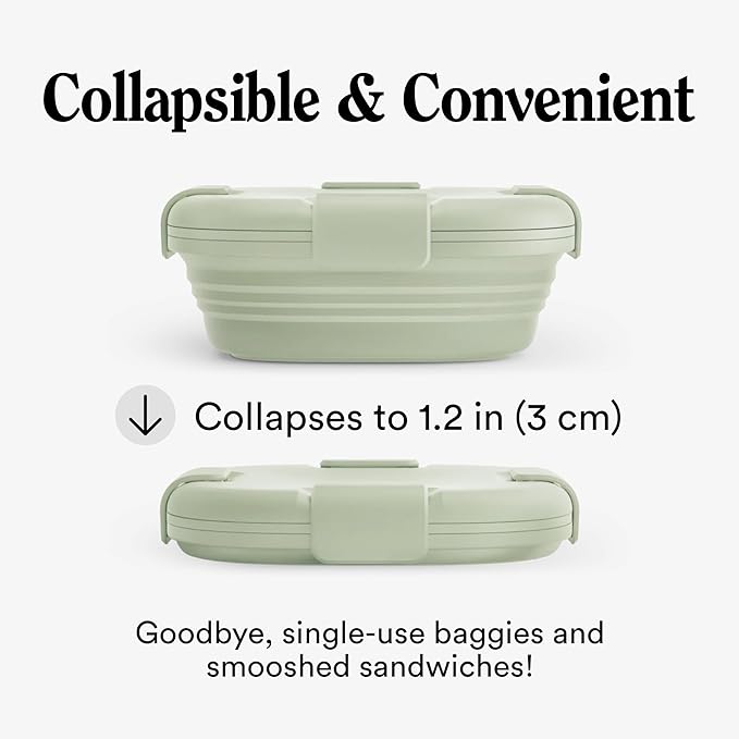 STOJO Collapsible Sandwich Box – 24oz, Reusable Food Storage Container, Silicone Bowl for Hot/Cold Food – Meal Prep, Lunch, Camping, Hiking – Dishwasher Safe (Set of 1, Sage)