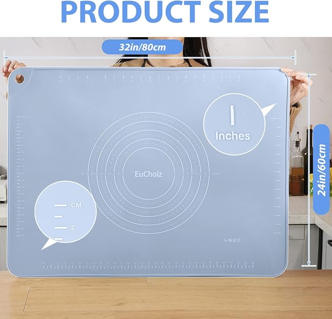 Silicone Pastry Mat 32"*24" Extra Thick Non Stick Baking Mat Food Grade Silicone Dough Rolling Mat with Edge Heightening Large Blue