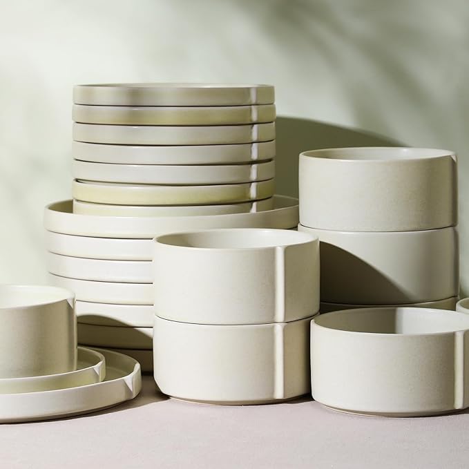 Stone Lain Bao 24-Piece Dinnerware Set Stoneware, Plates and Bowls Set, Dishwasher and Microwave Safe, Dish Set for 8, Beige