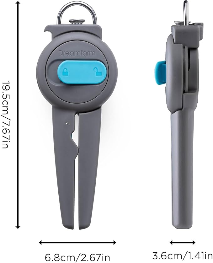 Dreamfarm Dopener 3-In-1 Ergonomic Can Opener Smoothes Can Edges for Safe Removal with Jar Lid Seal-Breaker & Can Ring Puller - Grey/Gray
