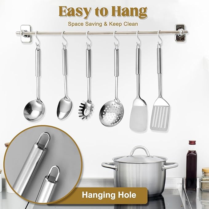 Stainless Steel Kitchen Utensils Set, 10 PCS Stainless Steel Utensils Set for Cooking, Heat Resistant Spatula Cooking Utensils Set with Turners, Serving Spoon, Ladle, Skimmer, Pasta Fork