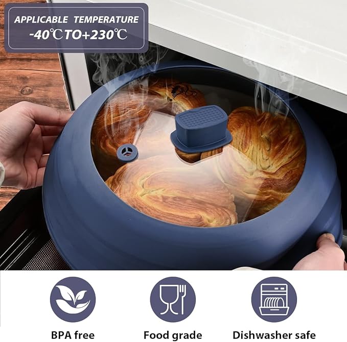 Tall Microwave Splatter Cover Glass Cover Guard Lid 6 inch Height with Collapsible Silicone for Food Pot Plate 12.5 inch Dark Blue