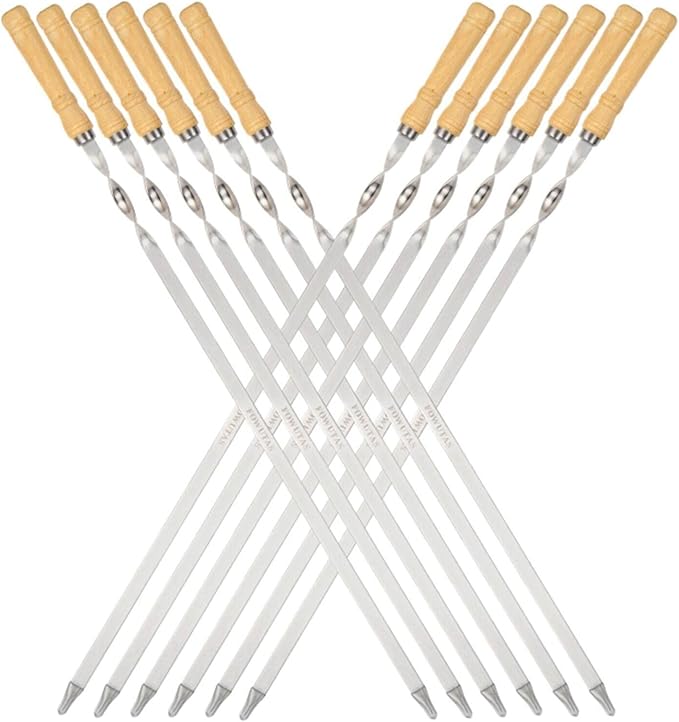 Large Size Kabob Skewers Flat Metal BBQ 22" Barbecue Skewer Wooden Handle Stainless Steel Shish Kabob Stick Wide Reusable Grilling Set Meat Shrimp Chicken Vegetable Kebab Fork Sausage-12PCS