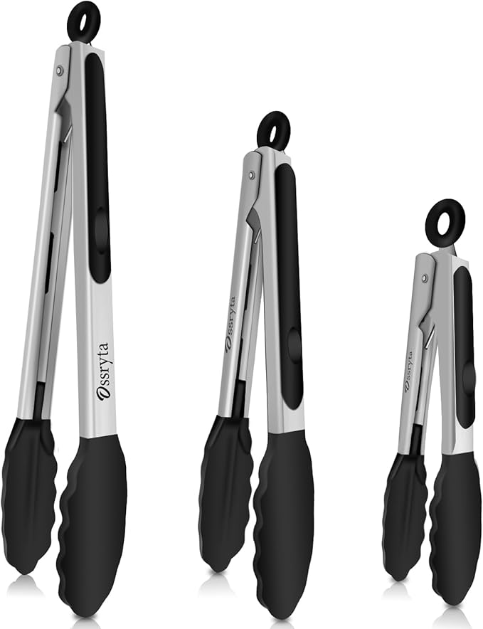 Kitchen Tongs with Silicone Tips - Heat Resistant 600°F Stainless Steel Cooking Tong Set, Non-Stick 7" 9" 12" Locking Silicone Tongs for Cooking, Grilling, Serving & Baking (3-Piece, Black)
