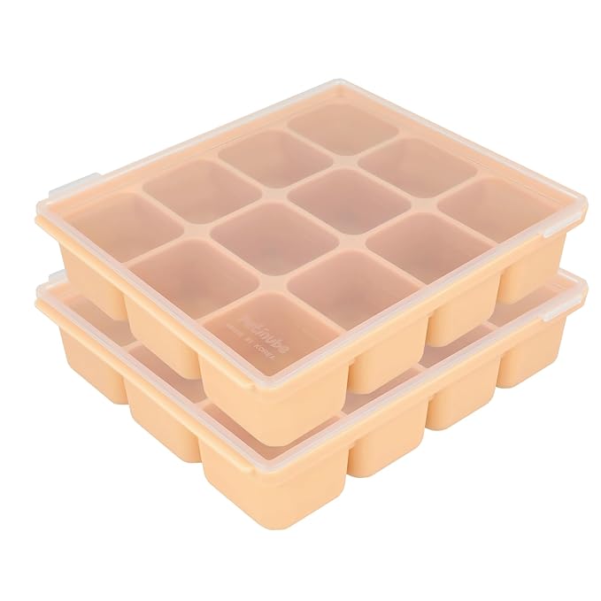 Baby Food Storage Silicone Cubes with Clip-On Lid Freezer Tray Baby Food Soups Purees Ice Safe Design Made in Korea (12cubes 1.5oz, Sand Beige Set OF2)