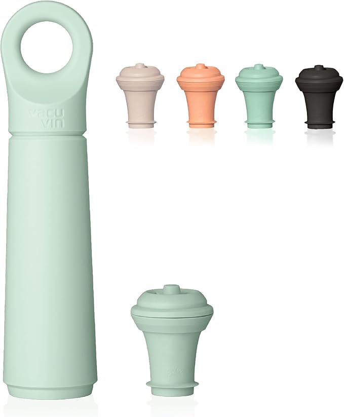 Vacu Vin Wine Saver Loop - Designed and Made in the Netherlands - Vacuum Wine Stopper Keeps Your Wine Fresh for up to 10 Days - Reusable, Made with 98% Recycled Material - 1 Pump, 5 Stoppers, Jade