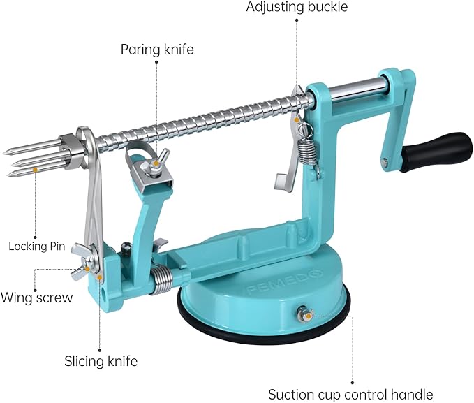 Apple Peeler Slicer Corer with Stainless Steel Blades and Powerful Suction Base for Apples Pears Potatoes(Blue)