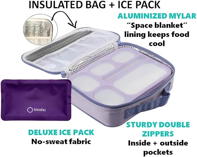 kinsho Lunch Boxes for Boys Teens Adults - Bento Box Set with Insulated Bag and Ice Pack, 6 Compartment Leak Proof Food Container, BPA-Free, Microwave Safe, Ideal for School & Work, Purple