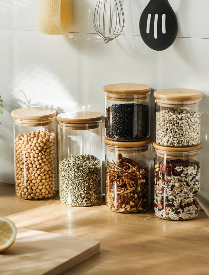 SHOWIN Glass Food Storage Jars, Glass Jars with Bamboo Lids, Kitchen Storage Jars, Canisters with Airtight Lids for Spice, Coffee, Cookie, Set of 5, Pantry Organizers