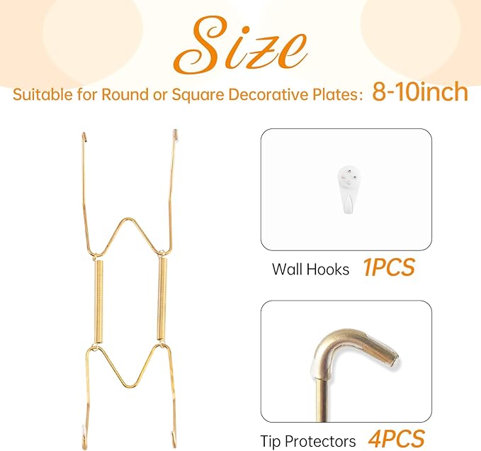 Plate Hangers for The Wall, Suitable for 8-10 inch Decorative Plate, Stainless Steel Wire Plate Holder with Wall Hooks and Rubber tip Protectors, Plate Hangers for Displaying Plates, Platter, Gold