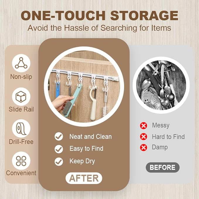 Multifunctional Slide Rail Hook,Kitchen Utensil Hanging Rack Wall Mounted Hanger,Space Saving Utensil Holder with 10 Hooks ,Sliding Track Hook No Drilling Hanger for Home Office (Length 40cm/1pcs)
