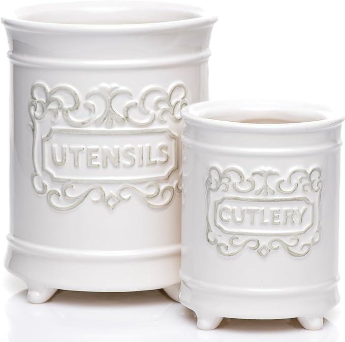 25DOL Large 7.5"+5.5" Elegant Ceramic Utensil Holder for Countertop, Cooking Utensils Organizer for Spatula, Large Utensils Crock for Kitchen Counter, Kitchen Decor, set of 2, White
