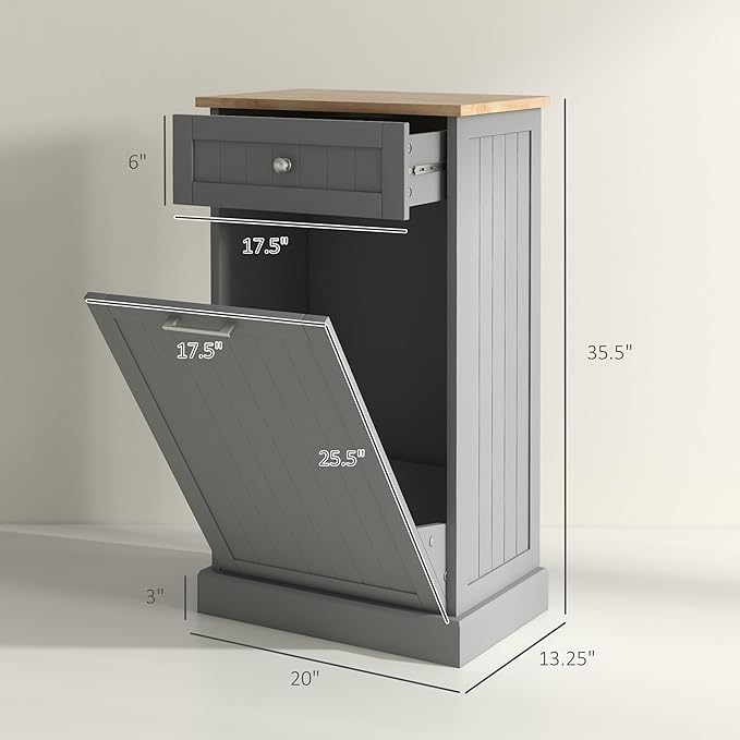 HOMCOM Kitchen Tilt Out Trash Bin Cabinet Free Standing Recycling Cabinet Trash Can Holder with Drawer, Gray