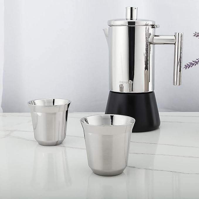 Easyworkz Stainless Steel Espresso Cup 2pcs Set Double Wall 2.5 oz, Bundled Espresso Steaming Pitcher Stainless Steel 15 oz Coffee Frothing Picther Milk Jug Cappuccino Latte Art Cup