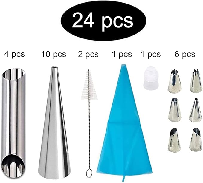 ABSOK Cannoli Tubes Cream Corner Molds, Stainless Steel Cream Roll Spiral Croissant Cone Molds, Cake Tool Kit With Ice Spout and Cleaning Brush (24 PCS)