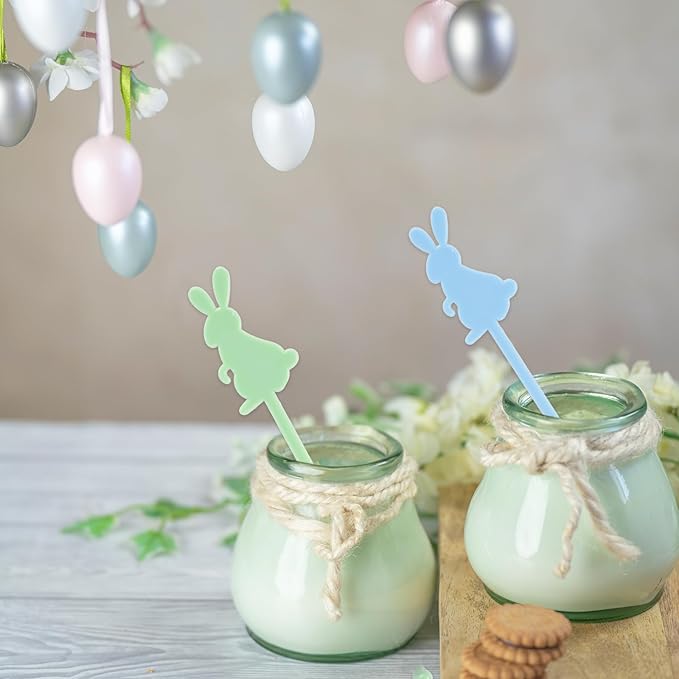 JarThenaAMCS 50 Pcs Easter Bunny Drink Stirrers Pastel Rabbit Plastic Swizzle Sticks Reusable Cocktail Stir Sticks for Coffee Tea Hot Cocoa Beverage Bar Home Party Supplies