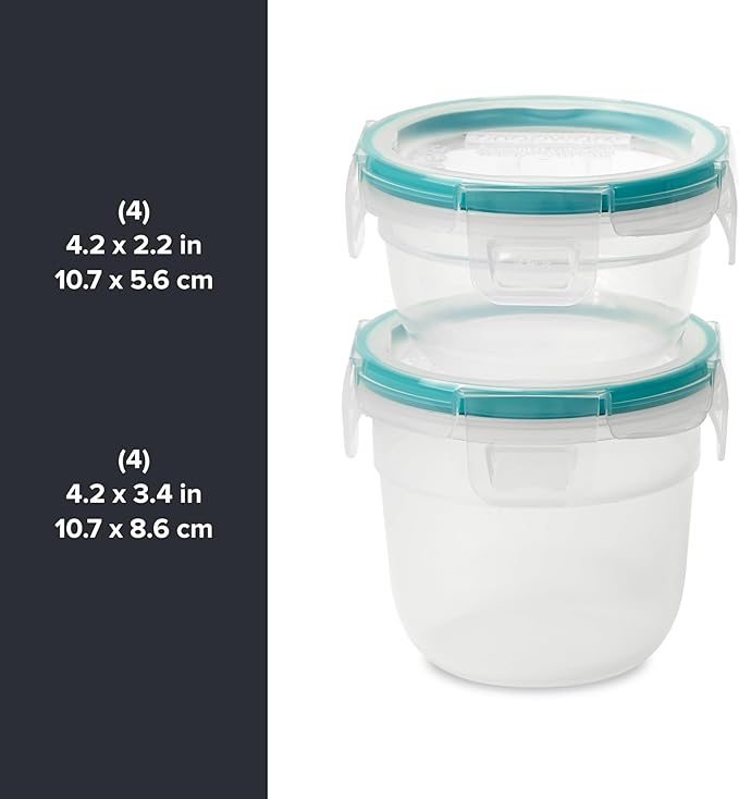 Snapware Plastic Total Solution 16-Pc Food Storage Containers Set, (4) 2-Cup & (4) 1.2-Cup Round Meal Prep Container, Plastic BPA-Free Lids with 4 Locking Tabs, Microwave, Dishwasher, and Freezer Safe