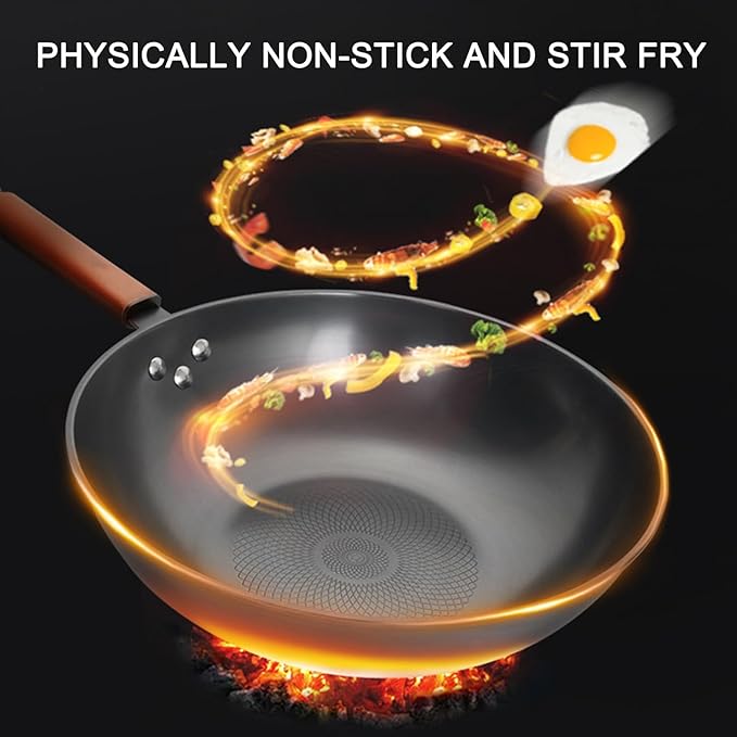 Wok Pan with Lid, 12.6in Woks & Stir Fry Pans No Chemical Coated Flat Bottom Chinese Wok for Induction, Electric, Gas, All Stoves
