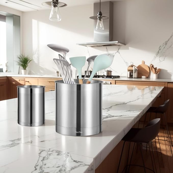 KSENDALO 2 Pack Utensil Crock, 6.6inch Cooking Utensil Holder Stainless Steel Container for Kitchen Counter,Metal Kitchen Spoon Spatula Cutlery Tool Holder Organizer, Silver (2 Pack)